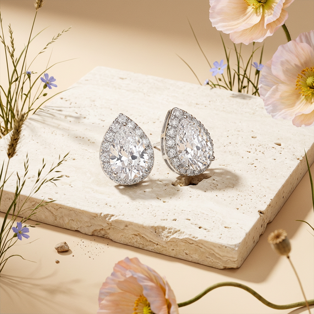 Laenia Silver Pear Halo Stud Earrings