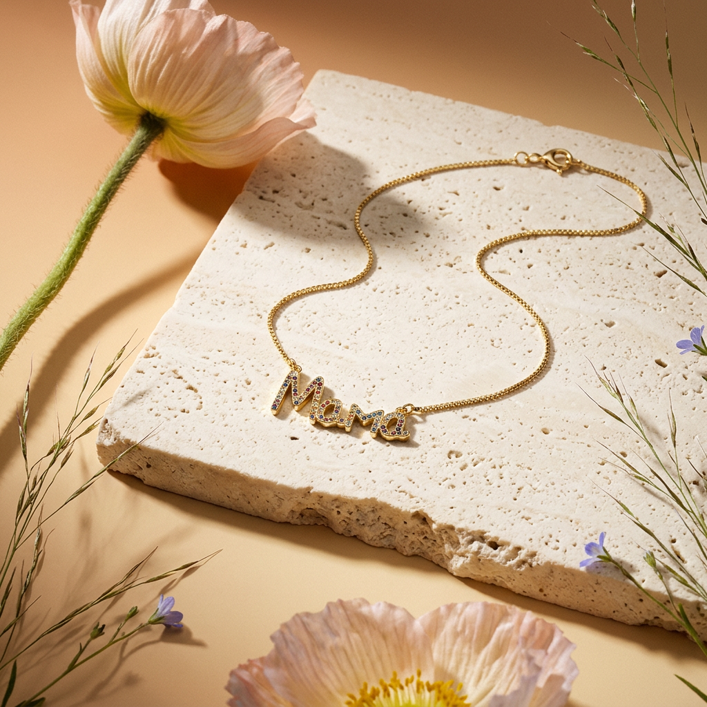 Riosia "Mama" Label Golden Bar Pendant Necklace
