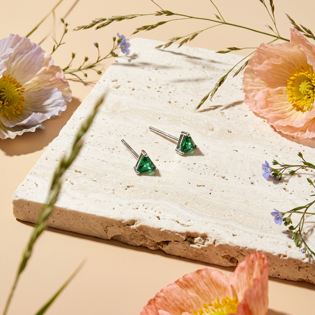Zaephia Silver Triangle Emerald Stud Earrings