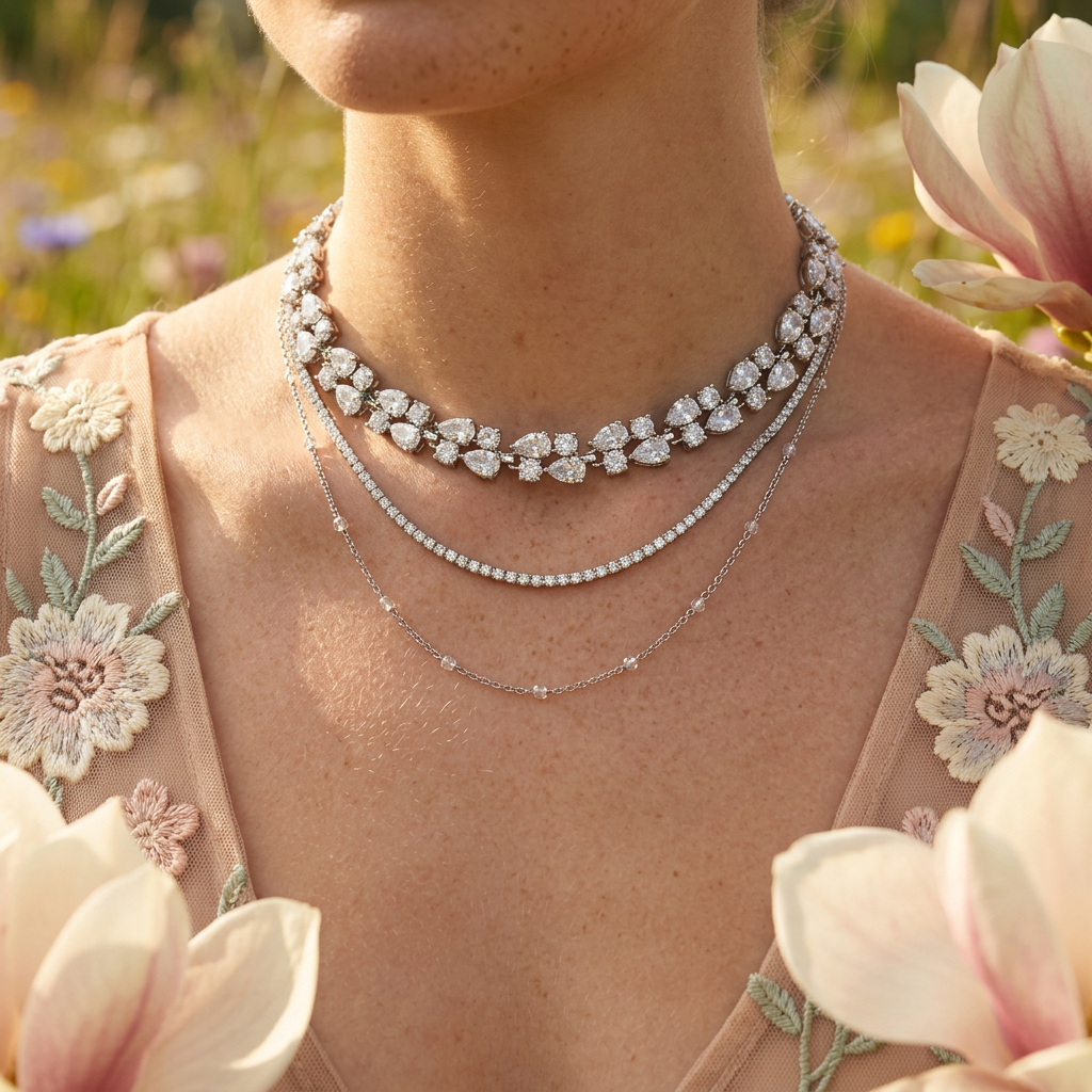 Sioria Silver Cluster Tennis Necklace