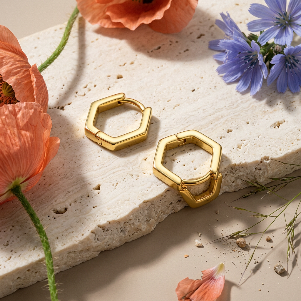 Zeora Golden Hexagon Huggie Earrings