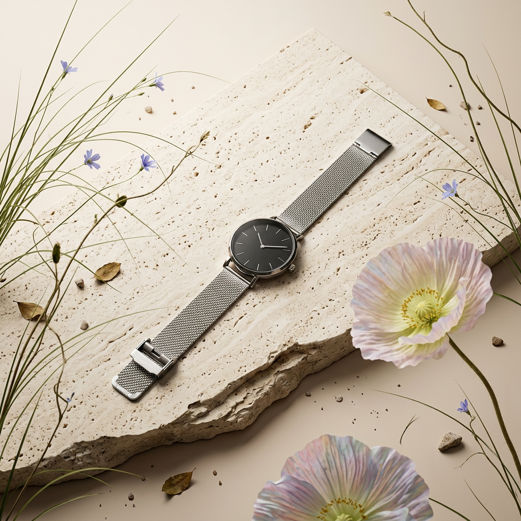 Caelia Silver Round Mesh Strap Watch