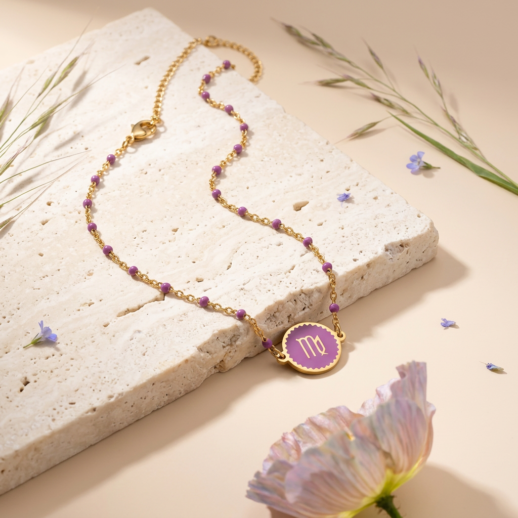 Mionia Golden Disc "Virgo" Zodiac Pendant Necklace