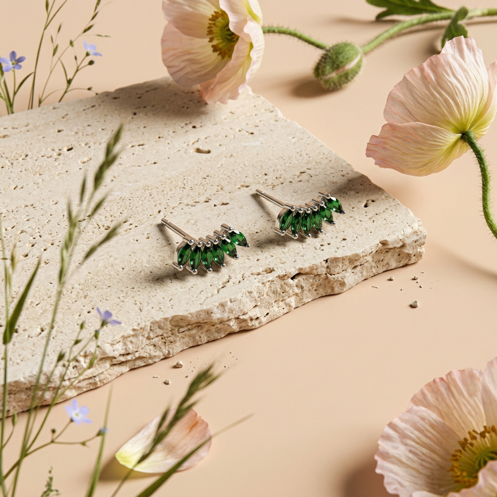 Raevia Silver Emerald Marquise Bar Stud Earrings