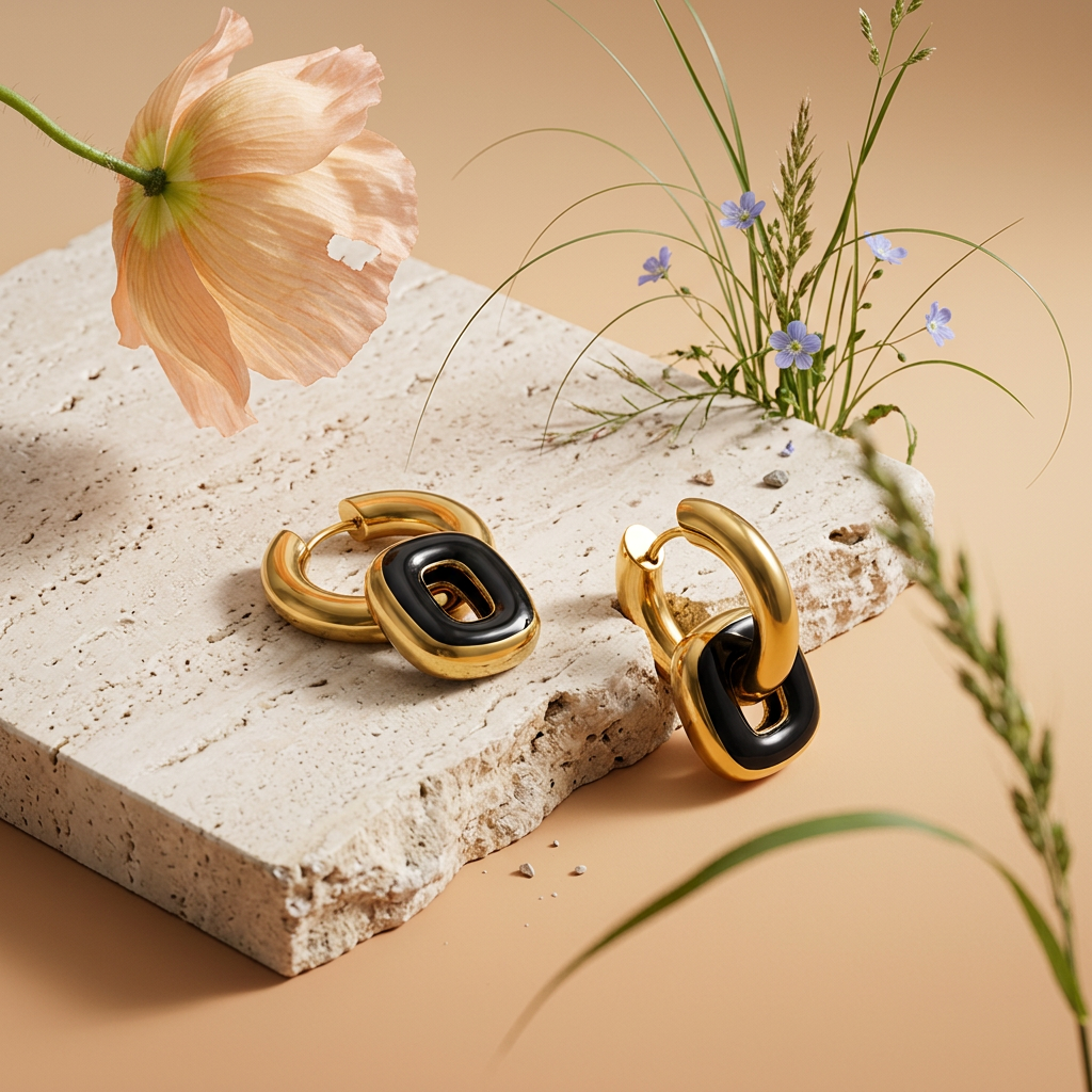Vionia Golden Square Drop Huggie Earrings