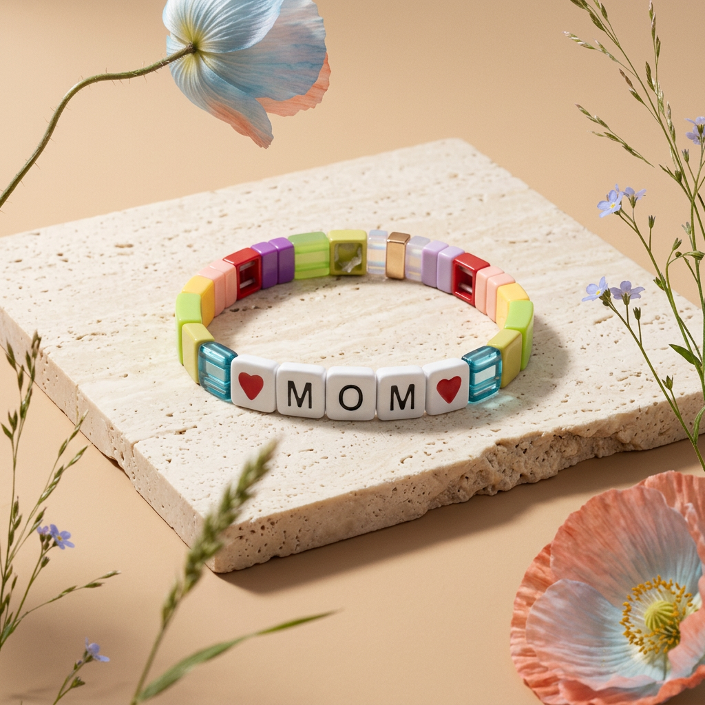 Raelia Acrylic Tile "Mom" Label Bead Bracelet