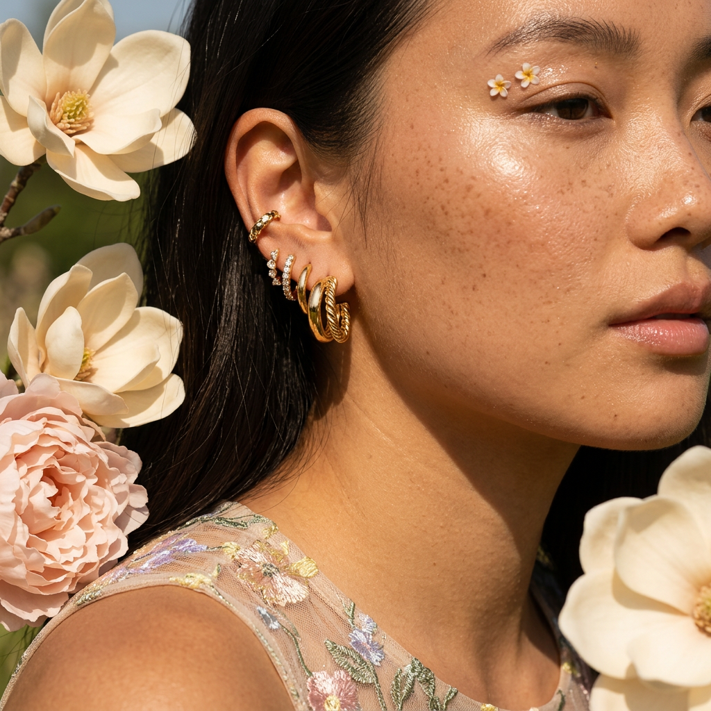 Kaelia Golden Triple-Band Ring Huggie Earrings