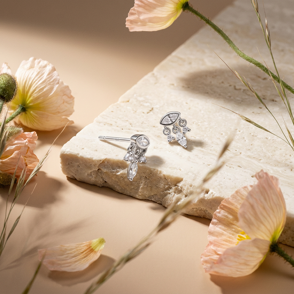 Vielia Silver Marquise Drop Stud Earrings