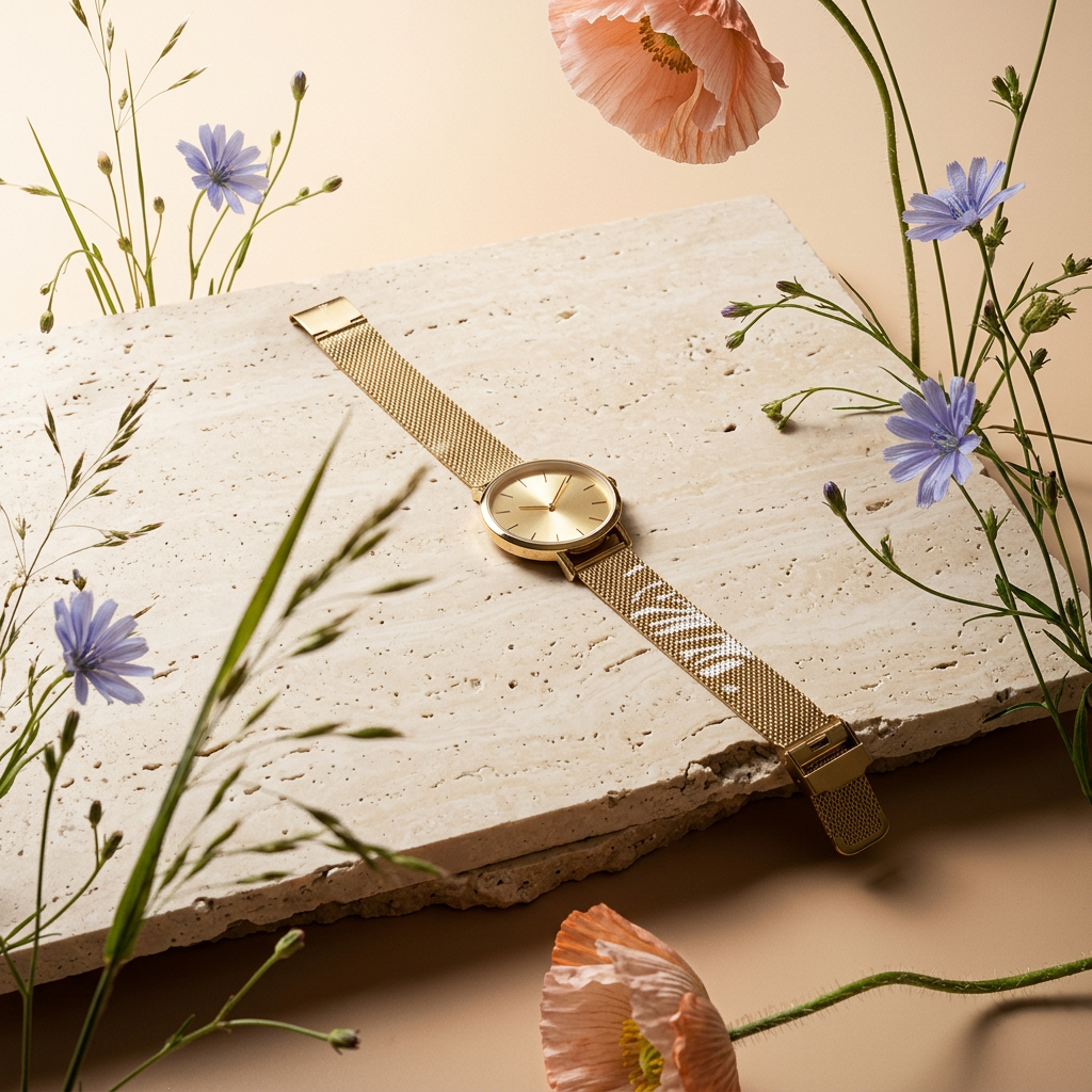 Raevia Golden Disc Mesh Strap Watch