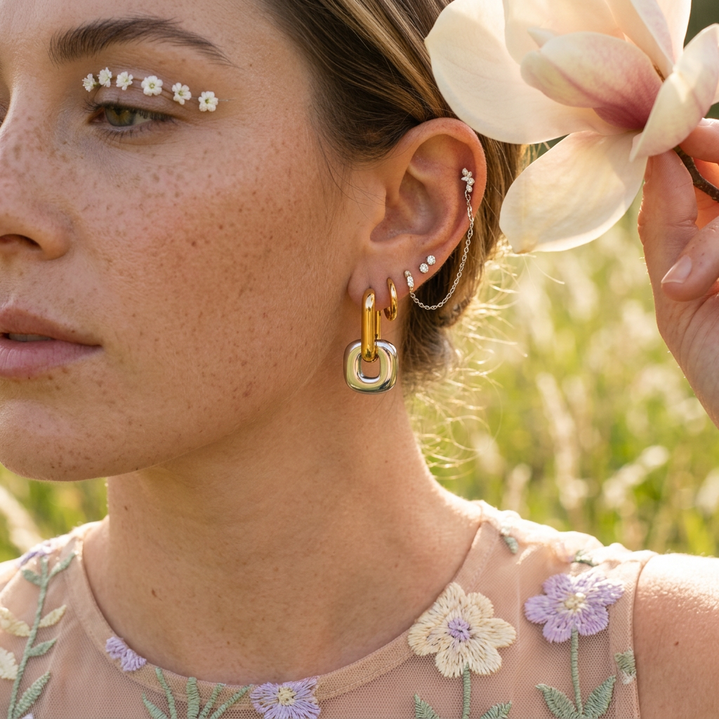 Raelia Two-Tone Rounded Square Huggie Earrings