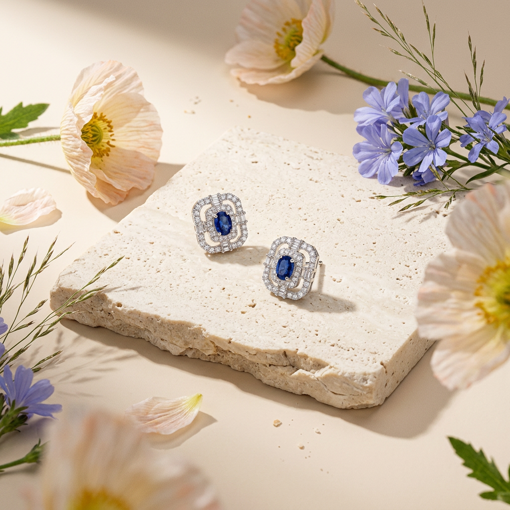 Saevia Silver Oval Halo Stud Earrings