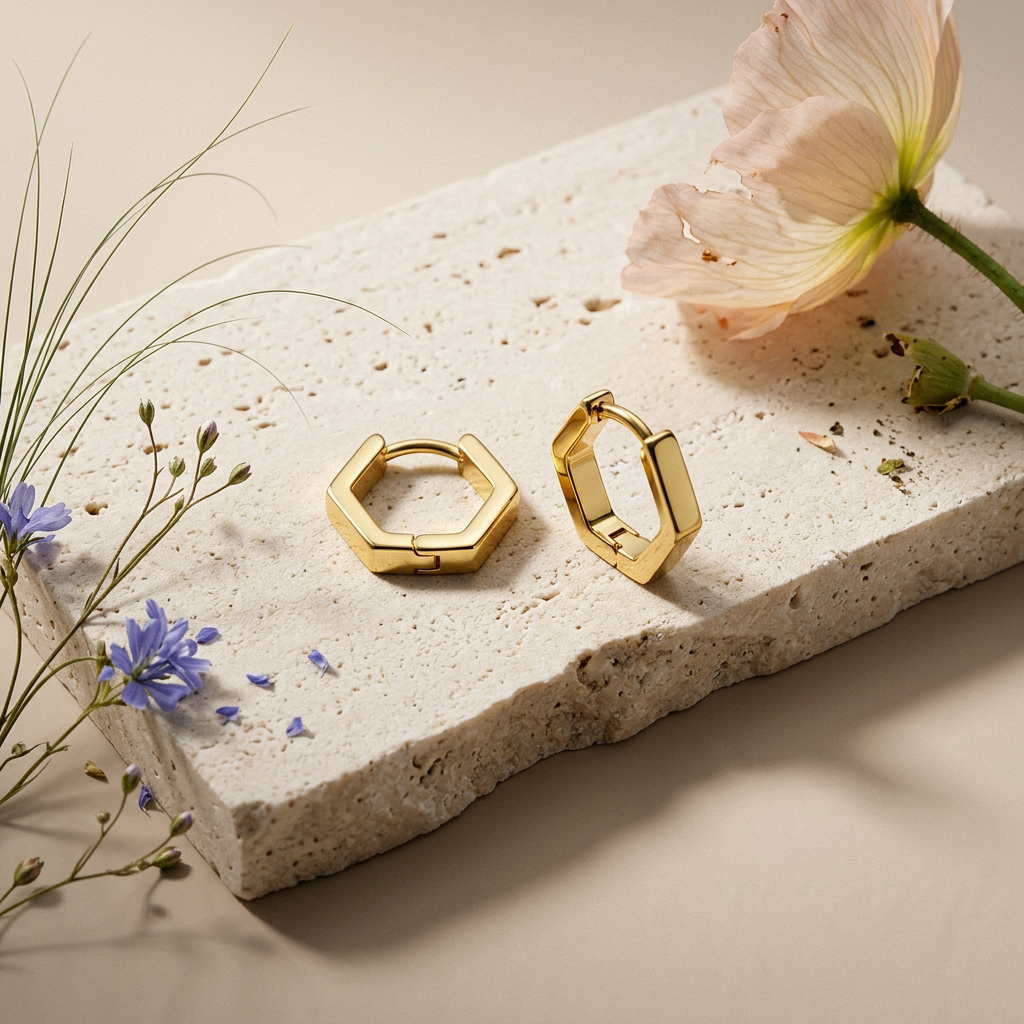 Vealia Golden Hexagon Huggie Earrings