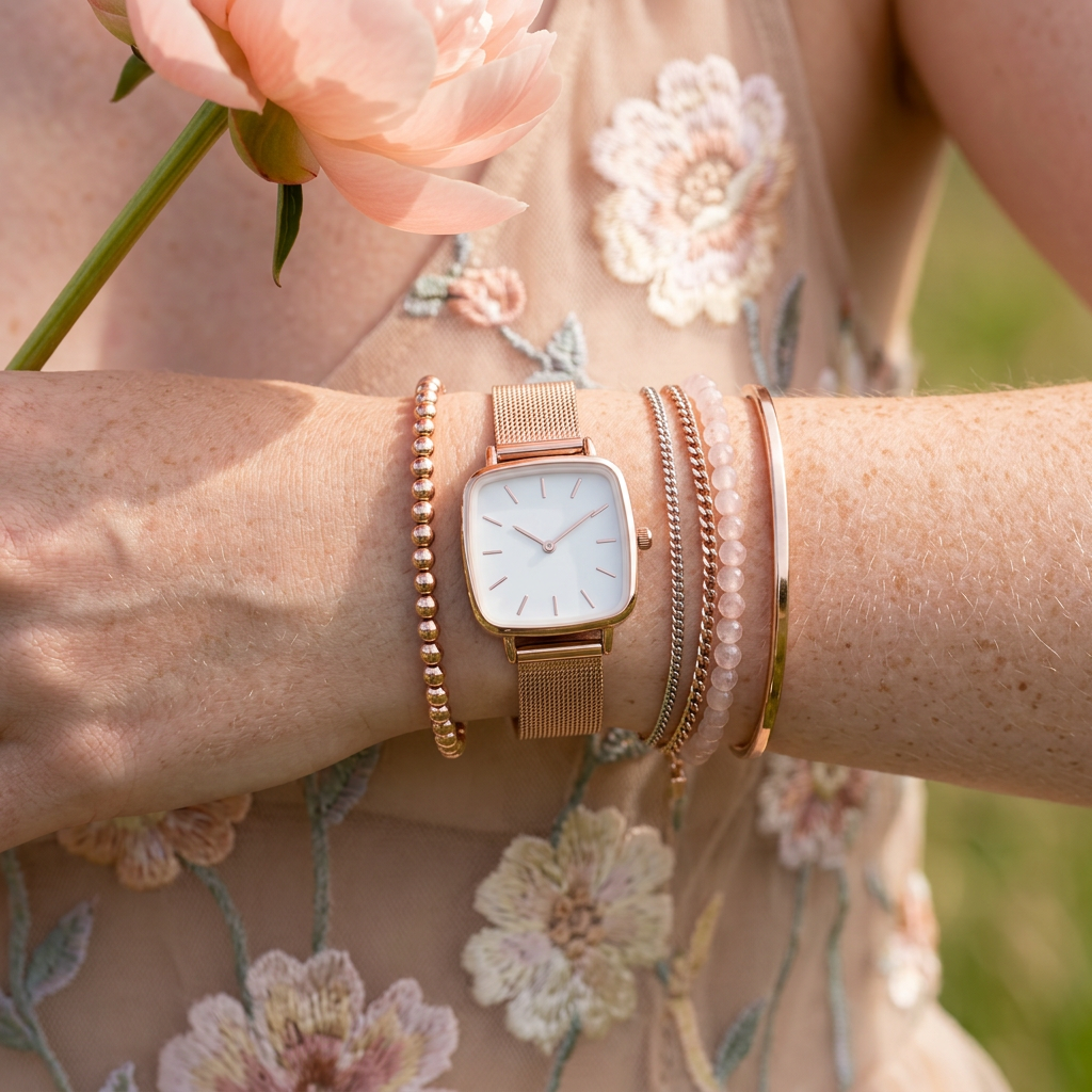 Mionia Rose Gold Oval Mesh Watch