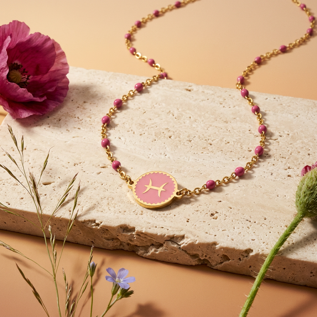 Paelia Golden Disc "Pisces" Zodiac Pendant Necklace