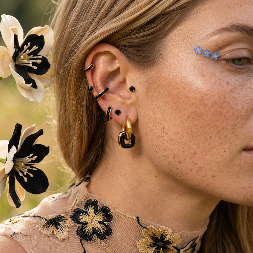 Vionia Golden Square Drop Huggie Earrings
