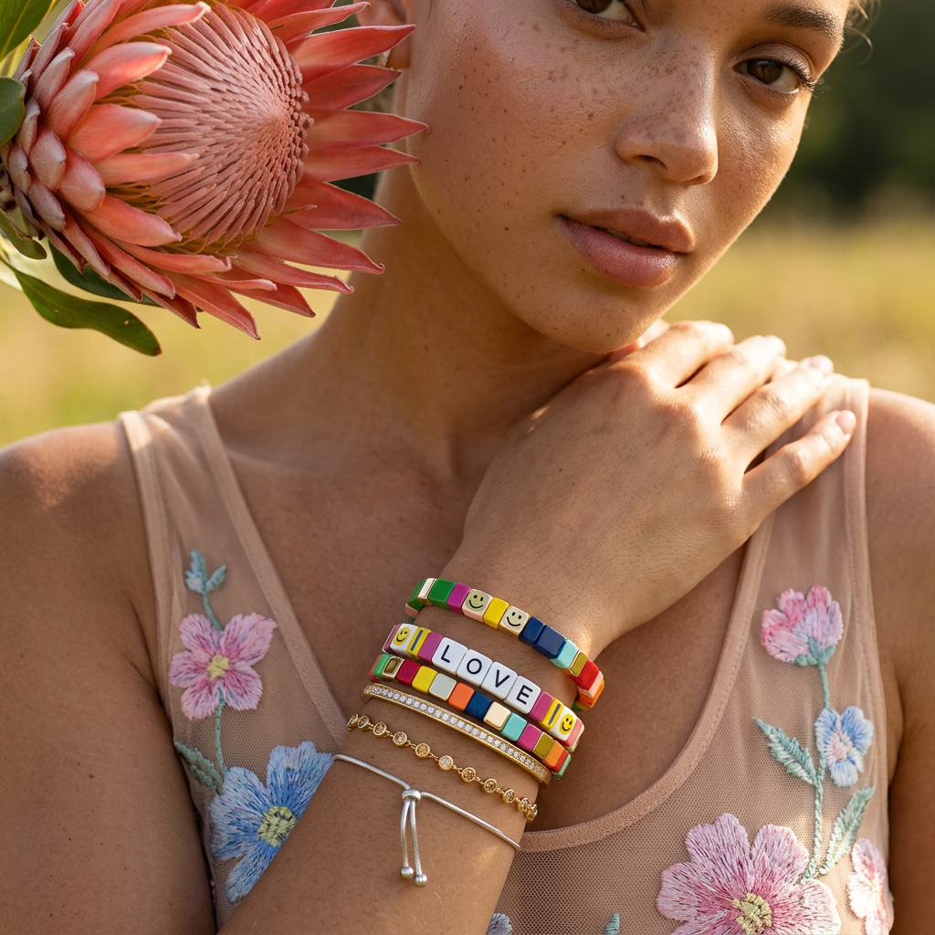 Maevia "LOVE" Label Enamel Tile Bead Bracelet