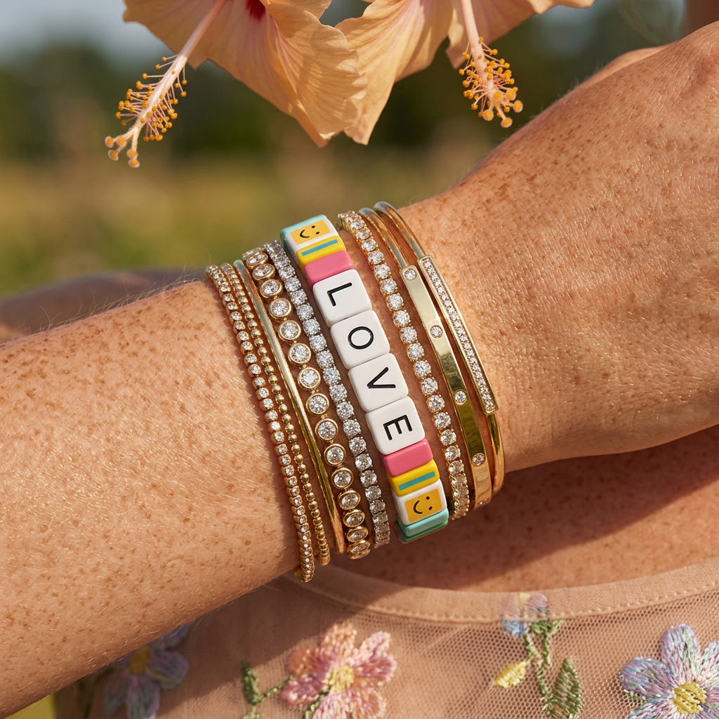 Maelina Acrylic Tile "LOVE" Label Stretch Bracelet