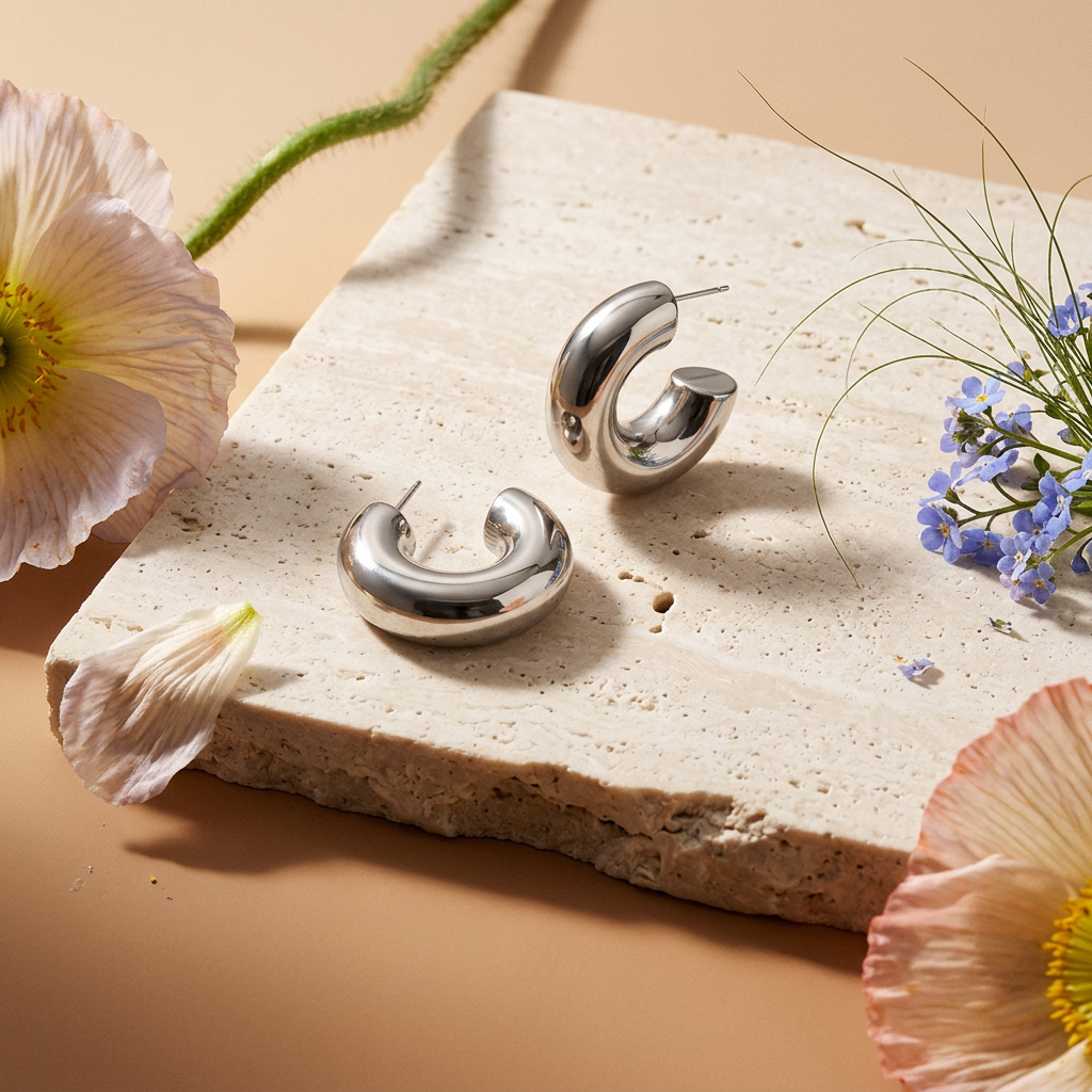 Naevia Silver Crescent Huggie Earrings