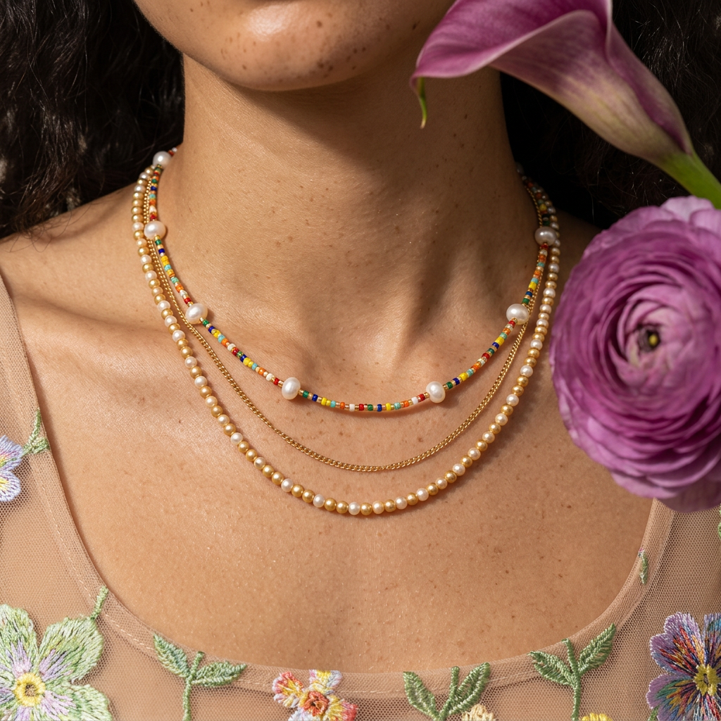 Rielia Golden Pearl Bead Strand Necklace