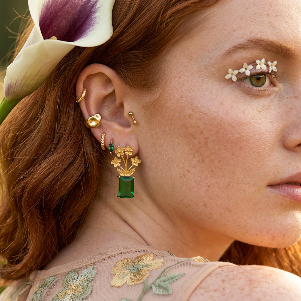 Zeonia Golden Emerald Drop Earrings