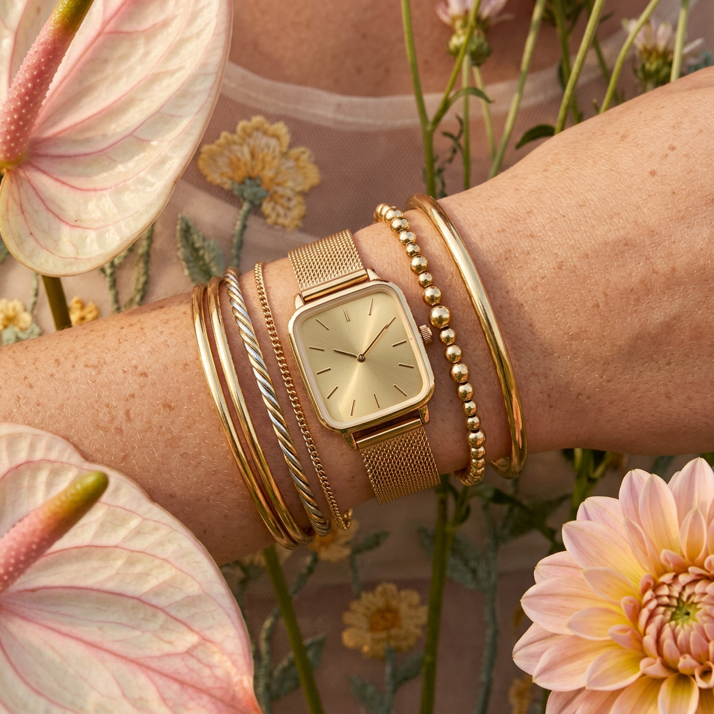 Lauvia Golden Rectangular Strap Watch