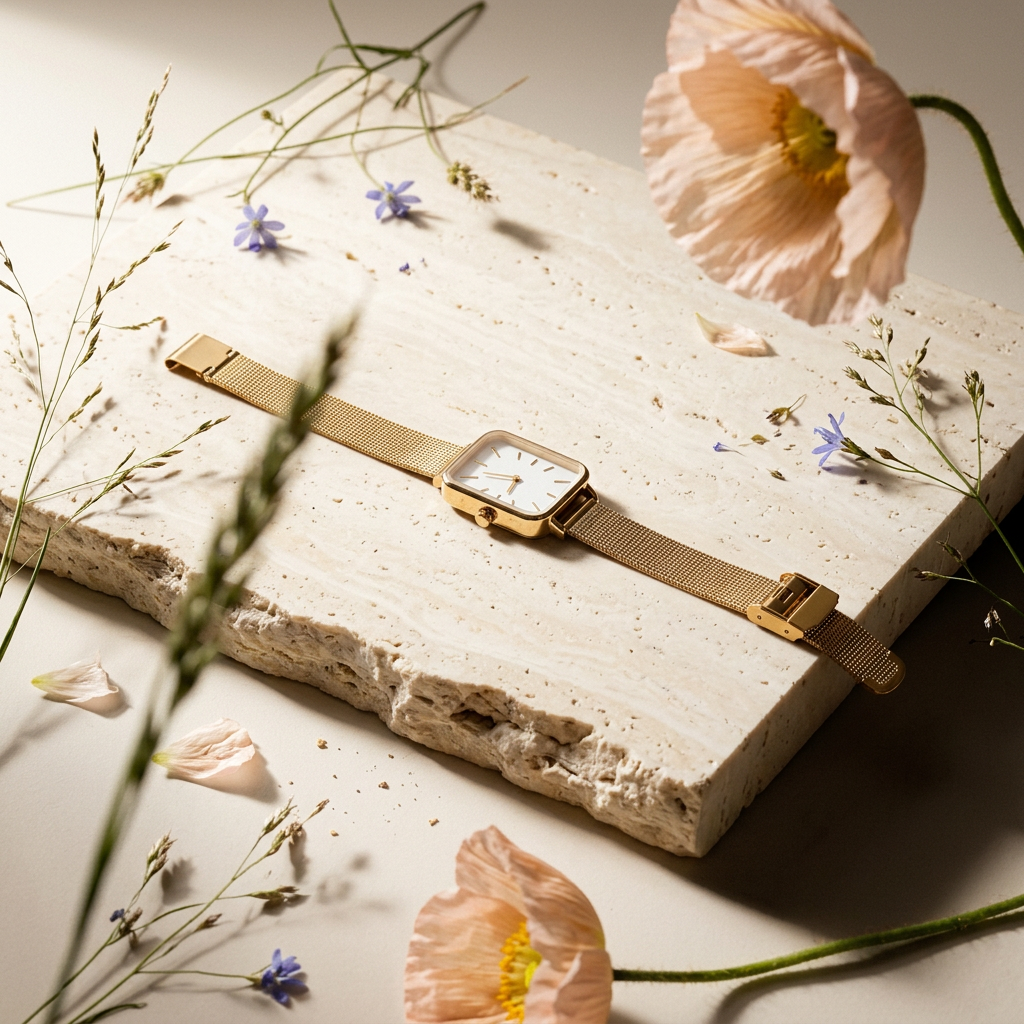 Naevia Golden Rectangular Mesh Watch