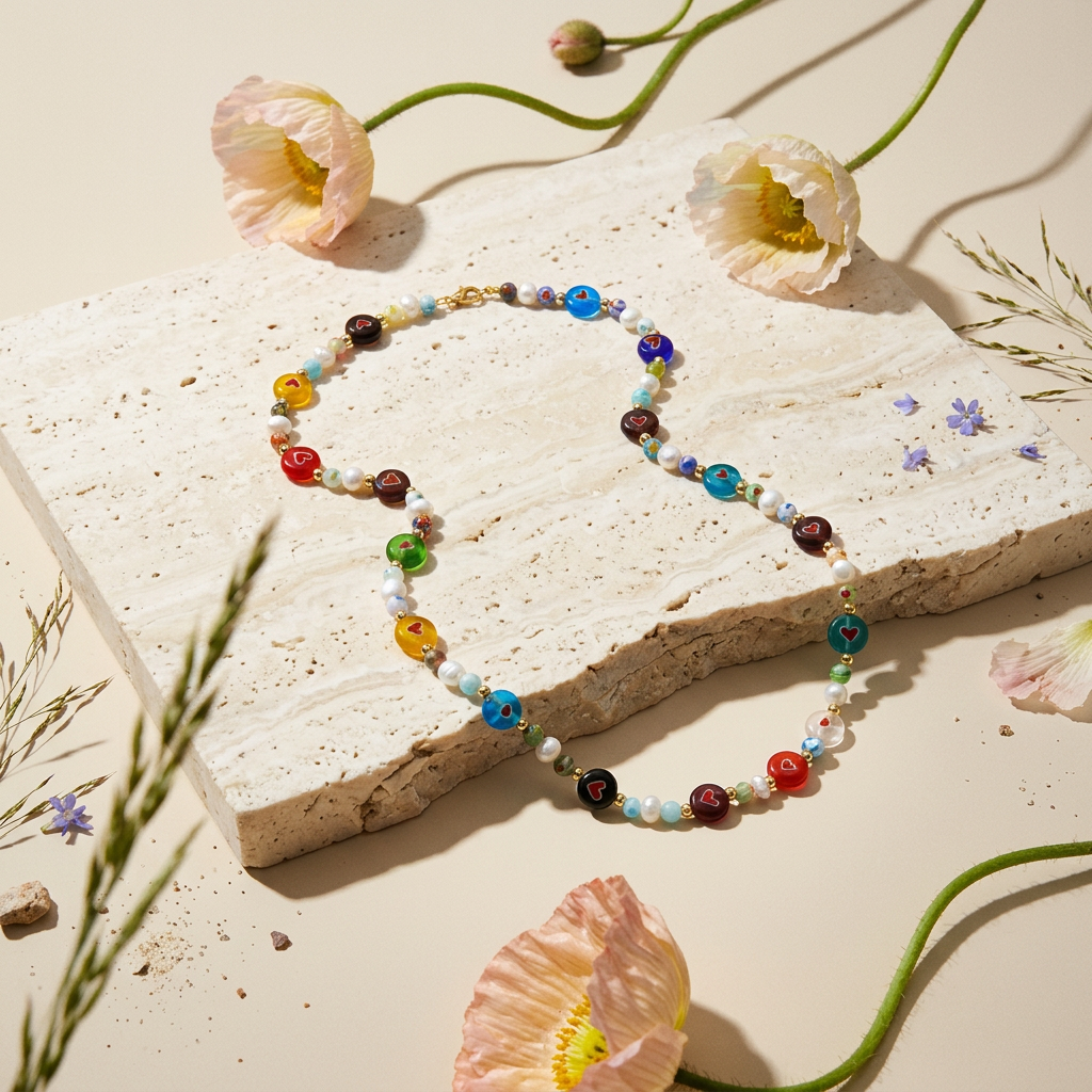 Liora Golden Heart Disc Beaded Necklace