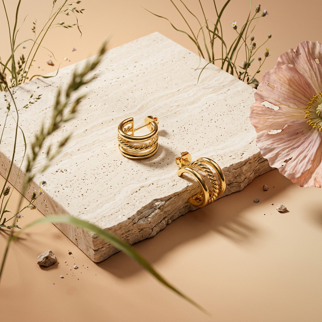 Kaelia Golden Triple-Band Ring Huggie Earrings