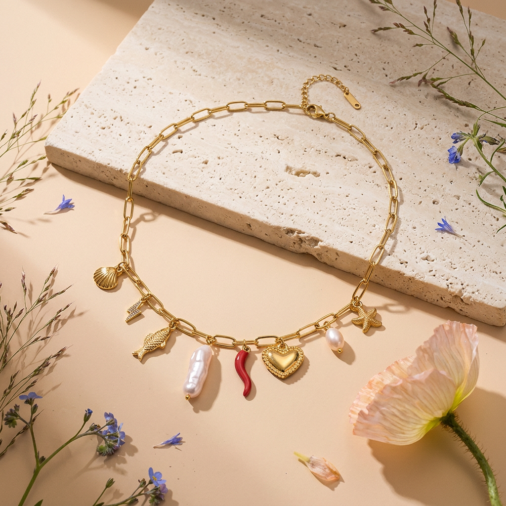 Maenia Golden Chain Charm Necklace