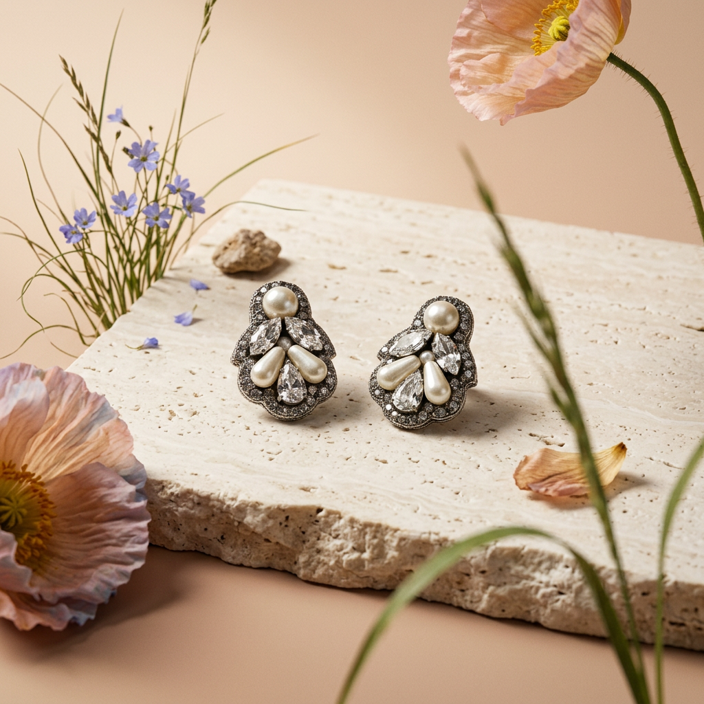 Laeria Silver Pearl Cluster Stud Earrings
