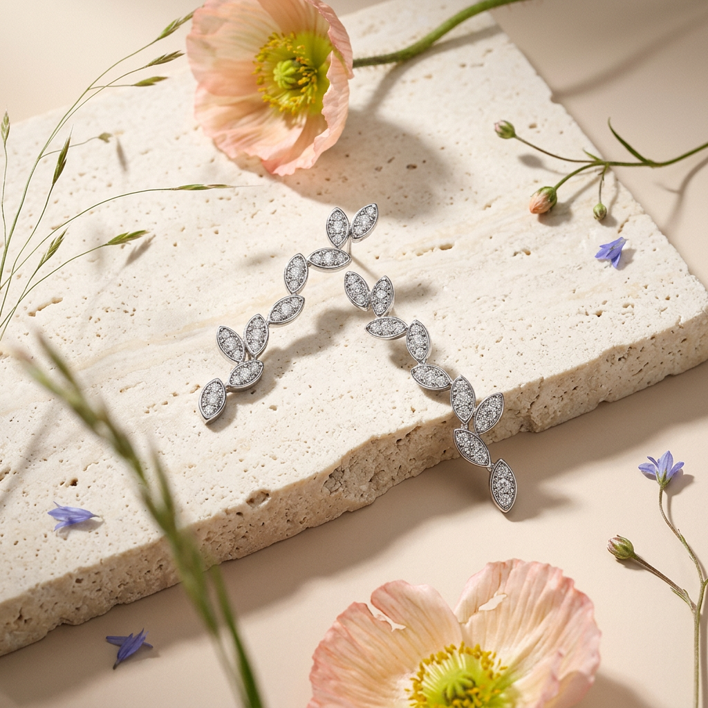 Raevia Silver Leaf Cluster Ear Climber Earrings