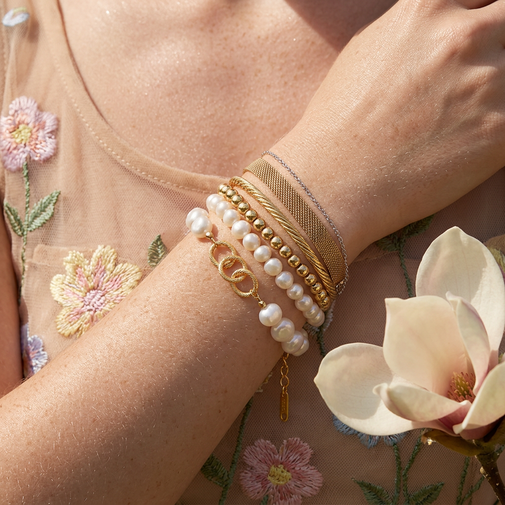 Leania Golden Pearl Link Bracelet
