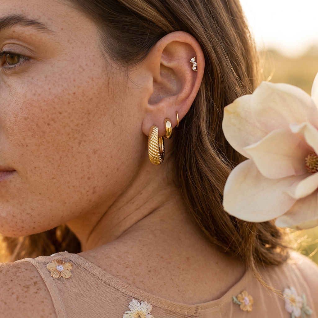 Laevia Golden Ribbed Oval Huggie Earrings