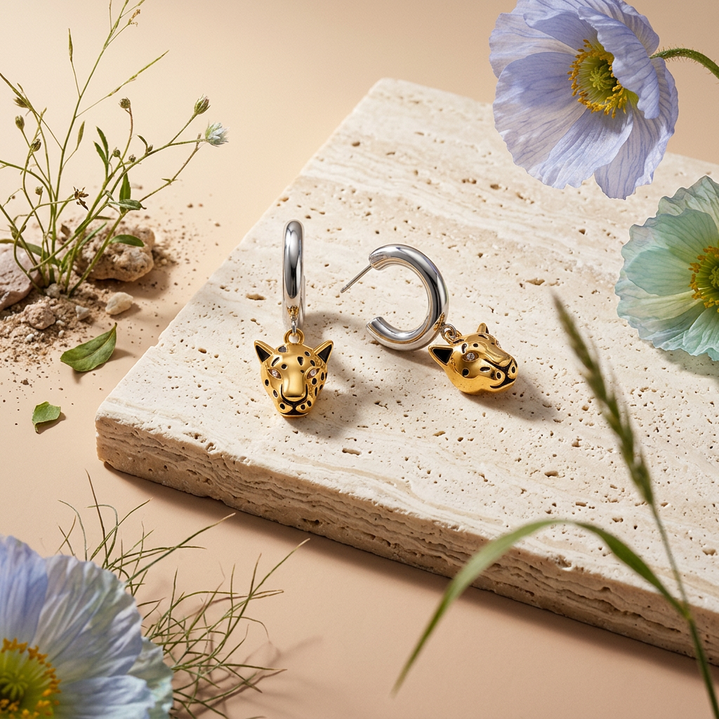 Kionia Mixed Metal Leopard Drop Huggie Earrings