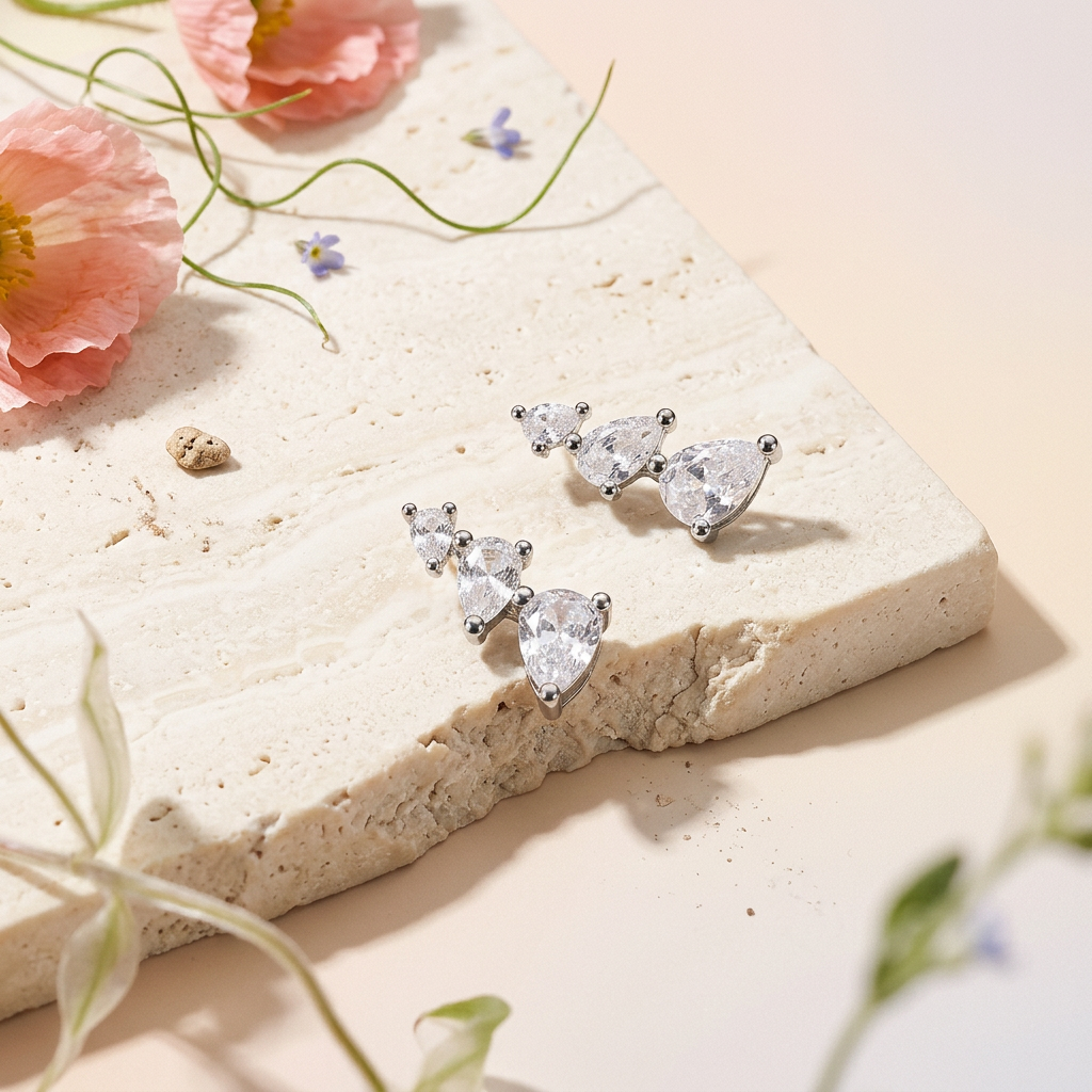 Mionia Silver Pear Drop Stud Earrings