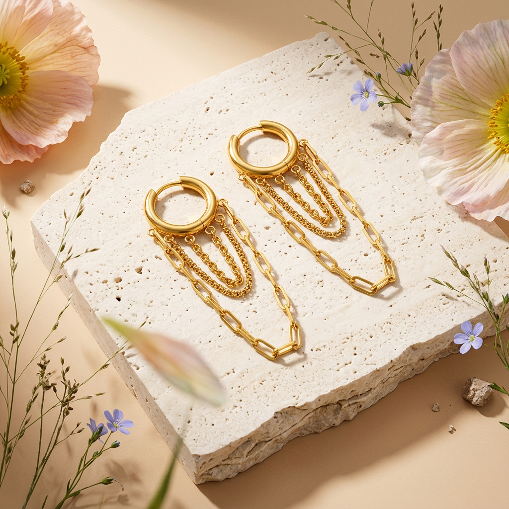 Vealina Golden Chain Drop Huggie Earrings