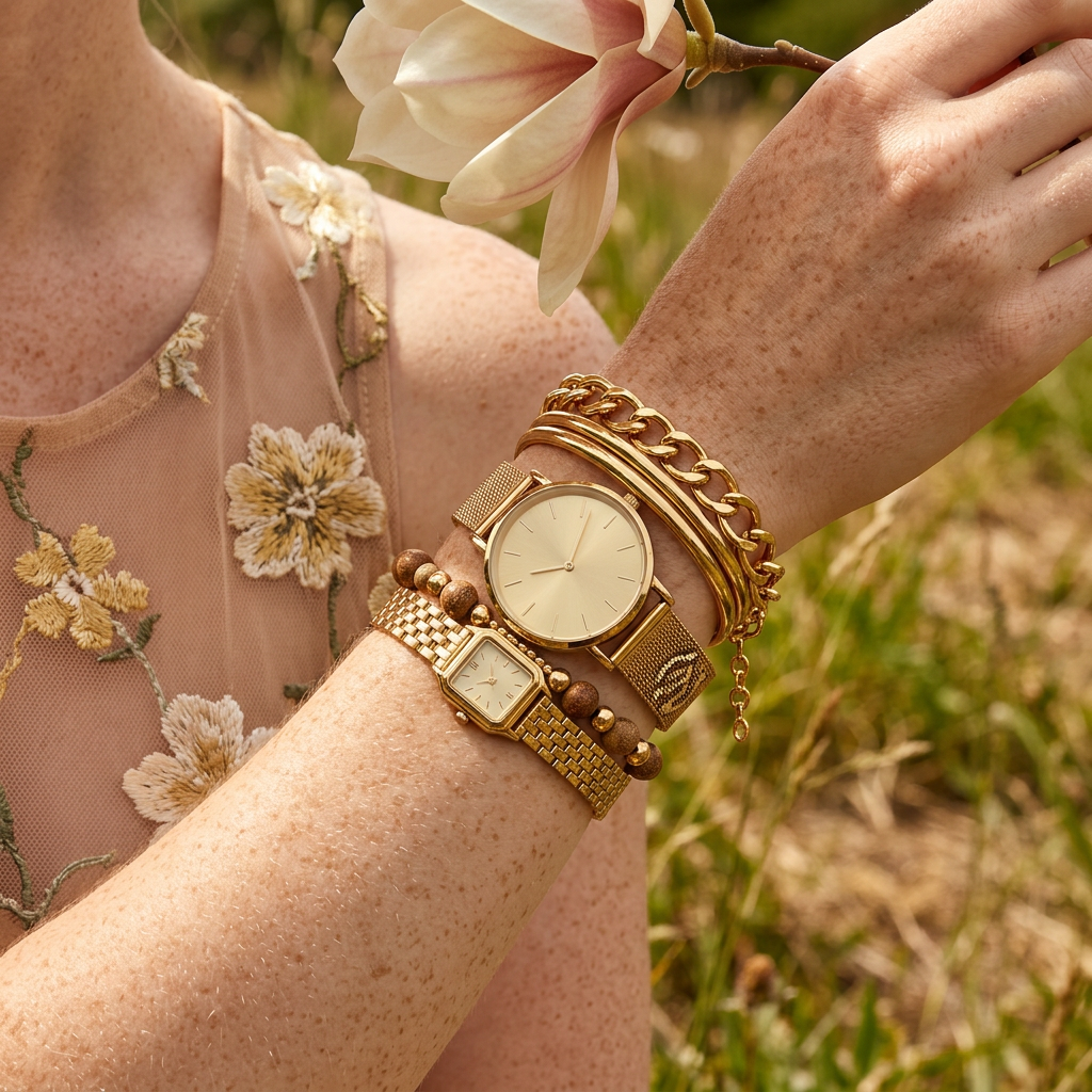 Raevia Golden Disc Mesh Strap Watch
