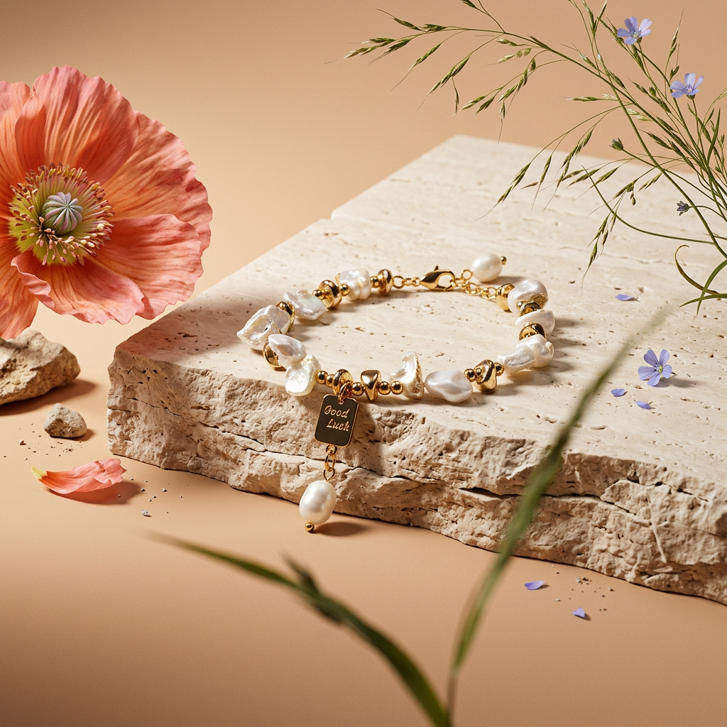Miolia Golden Pearl "Good Luck" Label Strand Bracelet