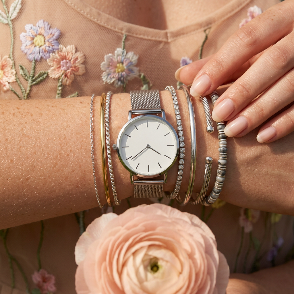 Sionia Silver Disc Mesh Watch