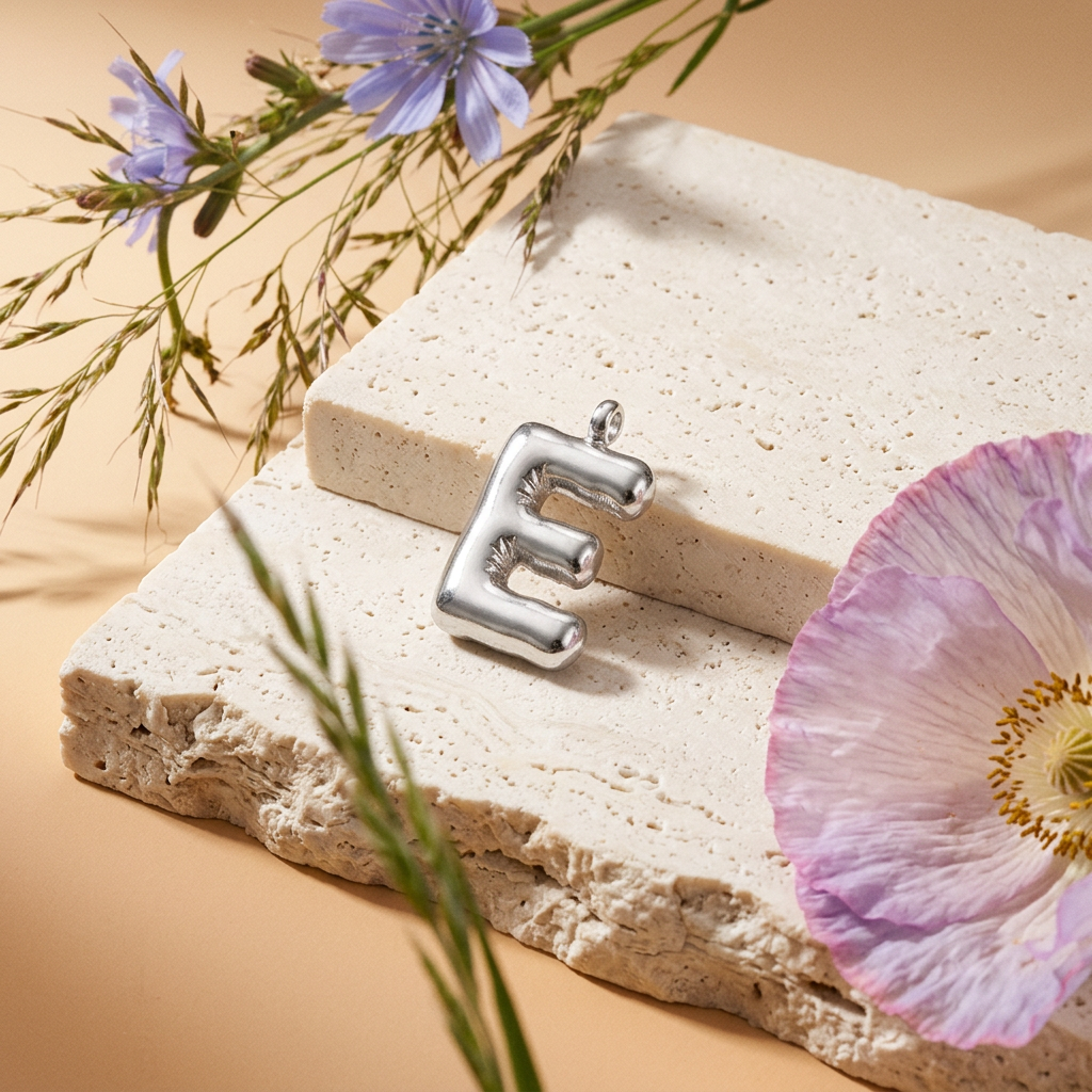Kaelia Silver "E" Letter Puff Pendant Charm