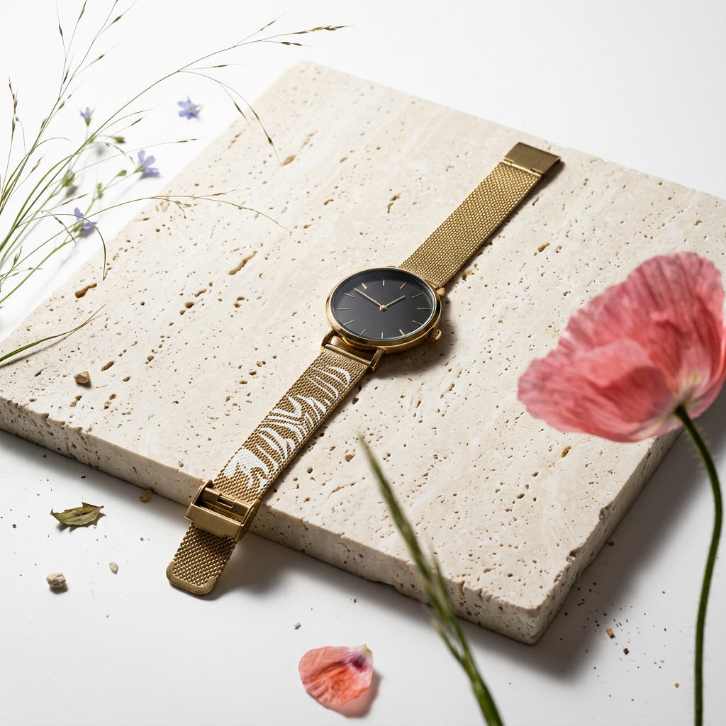Rionia Golden Disc Mesh Strap Watch