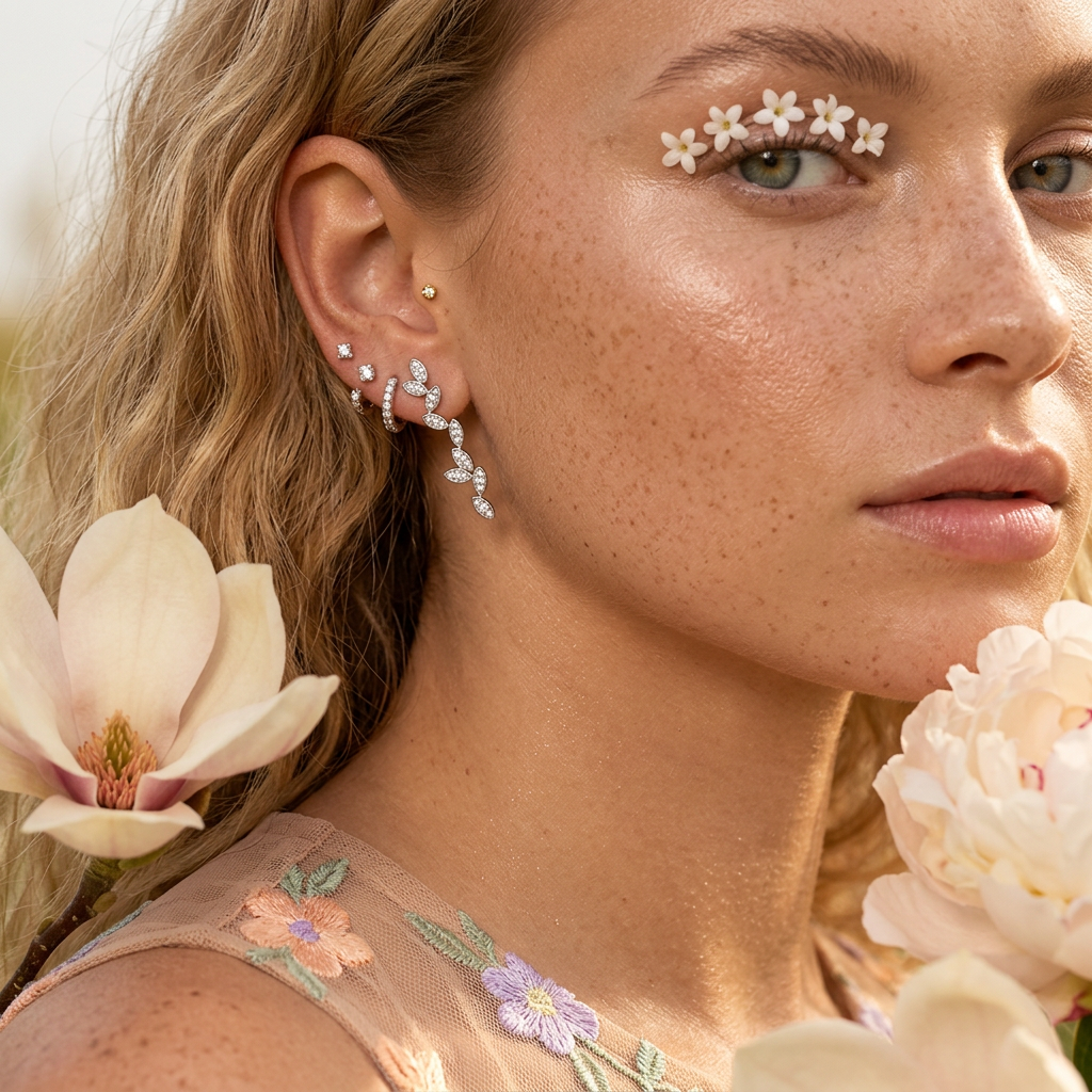Raevia Silver Leaf Cluster Ear Climber Earrings