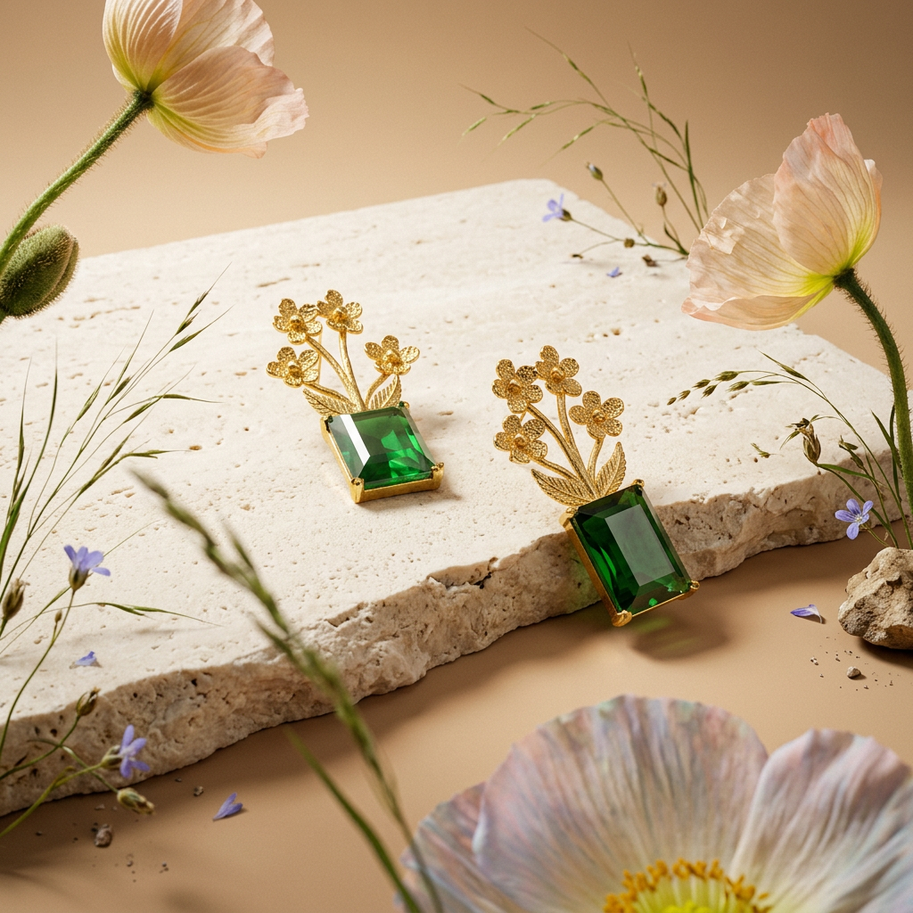 Zeonia Golden Emerald Drop Earrings
