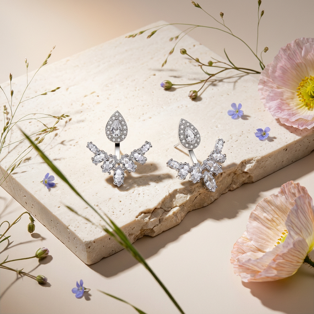 Naevia Silver Pear Halo Stud Earrings