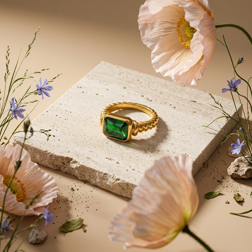 Rionia Golden Emerald Statement Ring