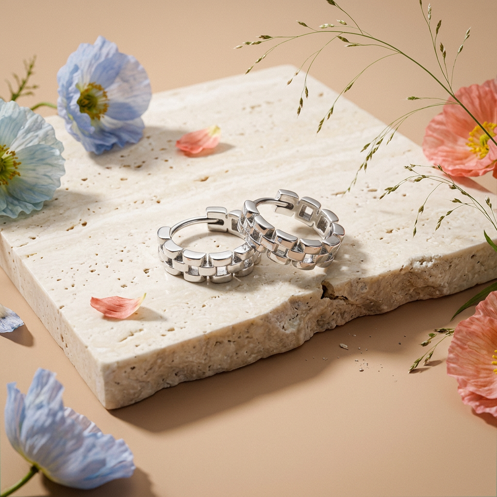 Vealia Silver Link Huggie Earrings