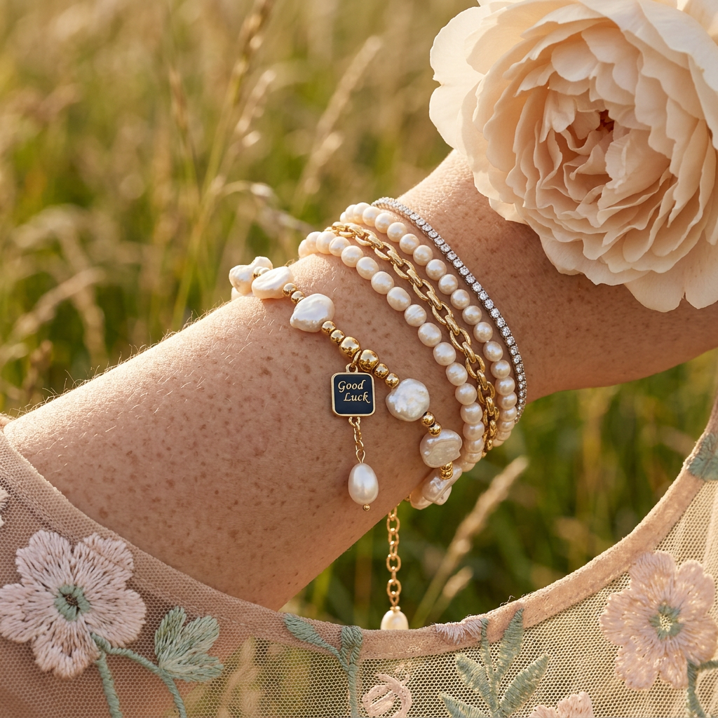 Miolia Golden Pearl "Good Luck" Label Strand Bracelet