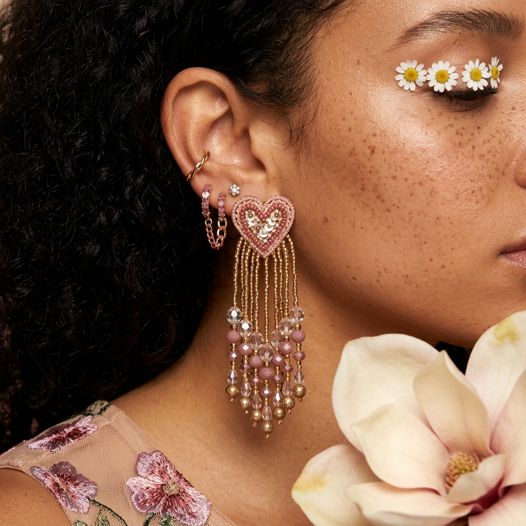 Liovia Golden Heart Tassel Drop Earrings