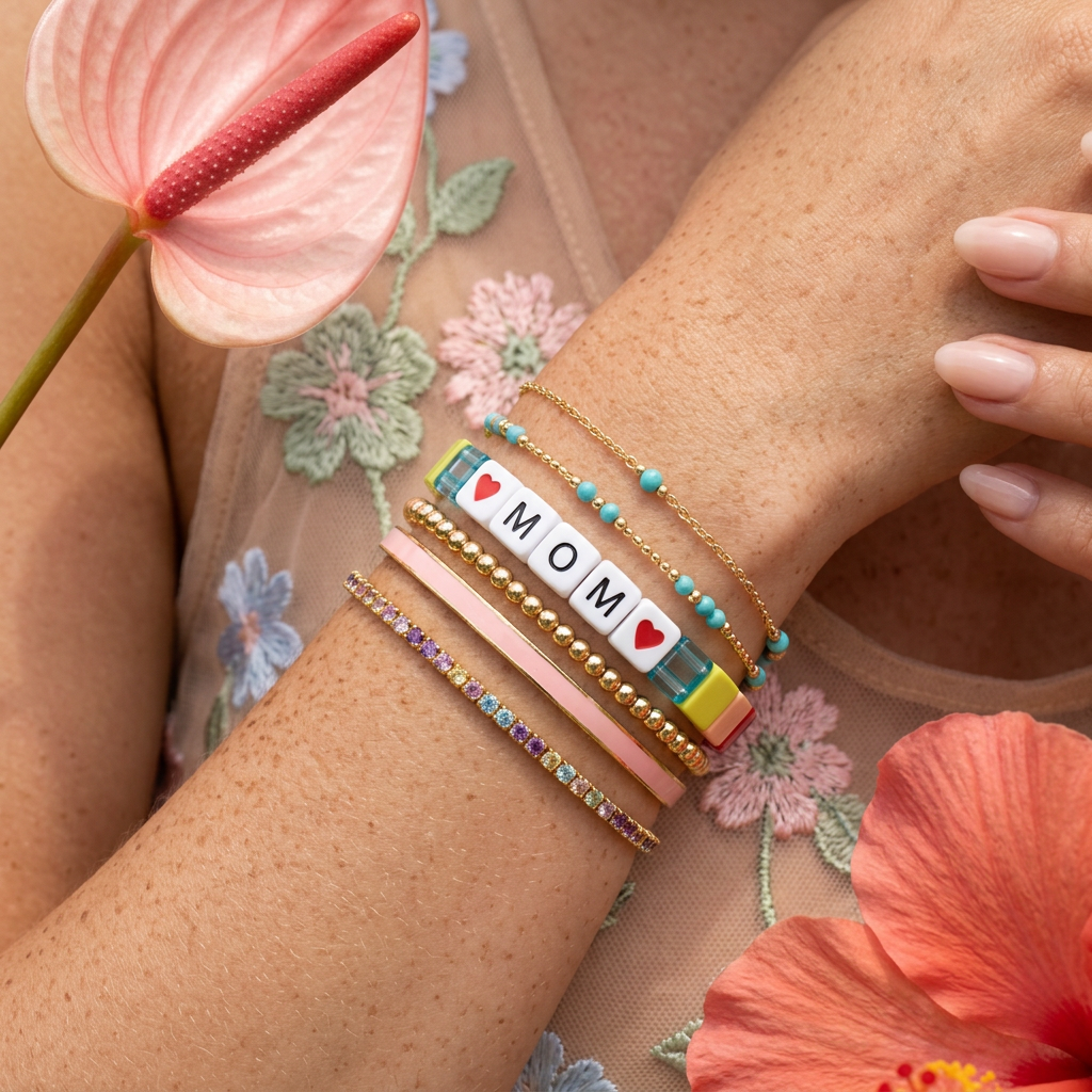 Raelia Acrylic Tile "Mom" Label Bead Bracelet
