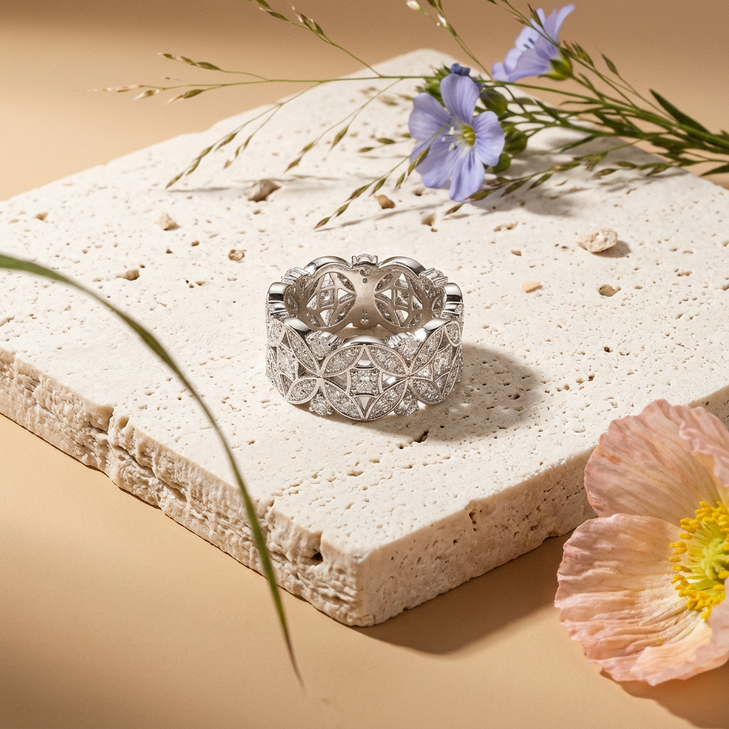 Raevia Silver Flower Pavé Band Ring